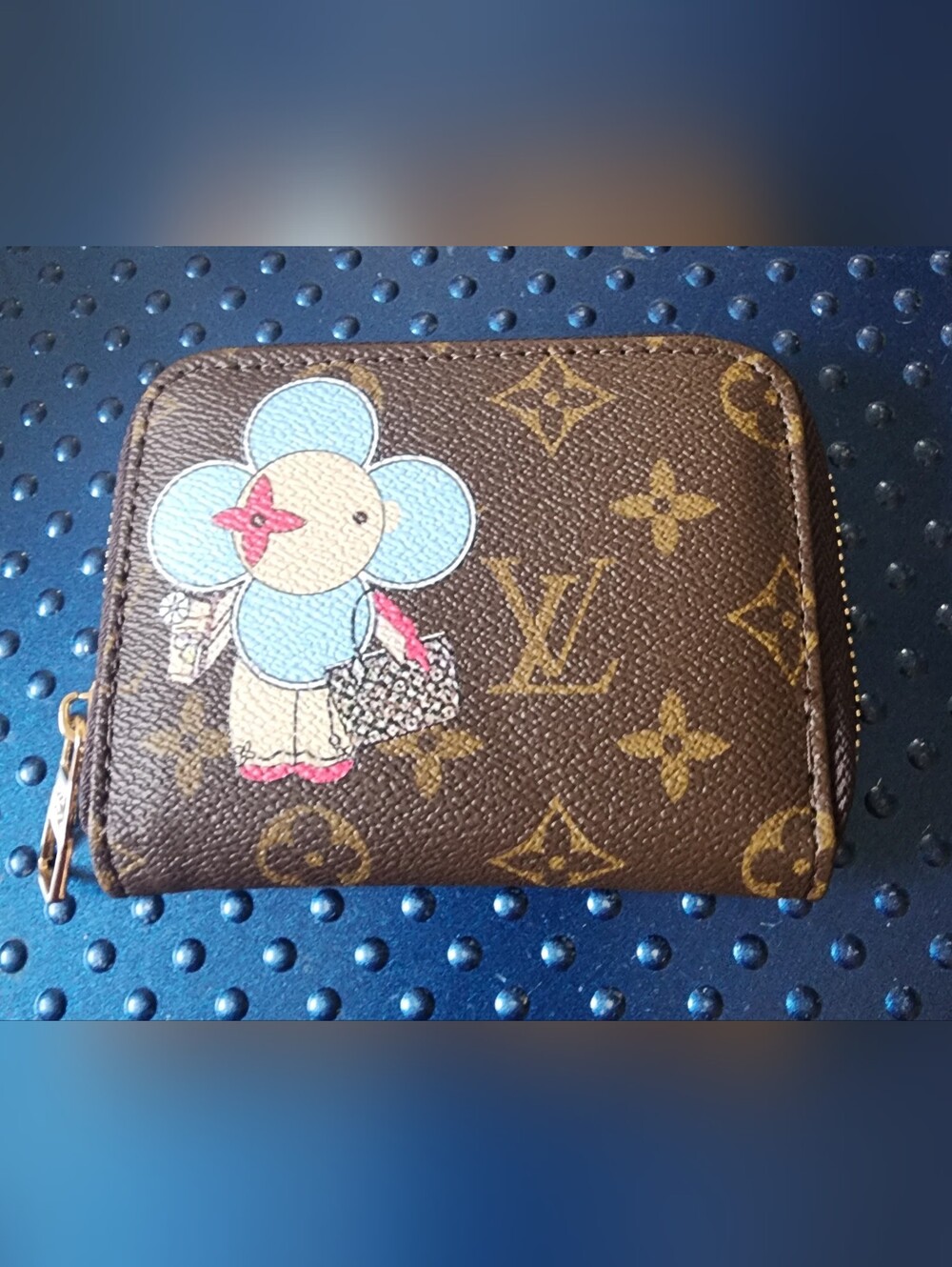 Brown Monogram Canvas Wallet with Blue Floral Motif